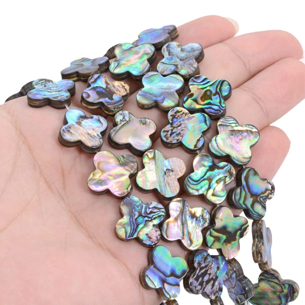 6237 Natural Abalone Shell 16mm Flat Four Leaf Clover Loose Beads Strand - Picture 3 of 4